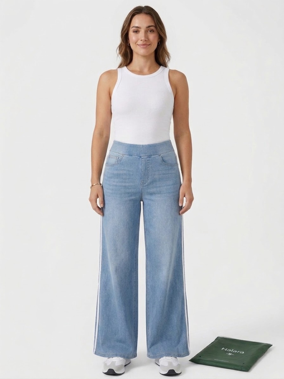HALARA Light Blue Wide-Leg Jeans with White Side Stripe